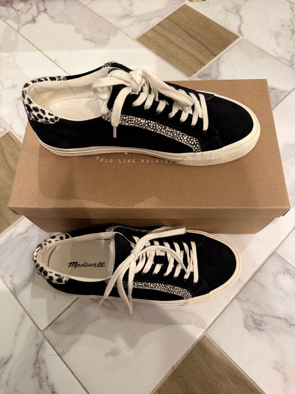 Madewell Black Suede Sneakers with Cream Laces and Leopard Heel